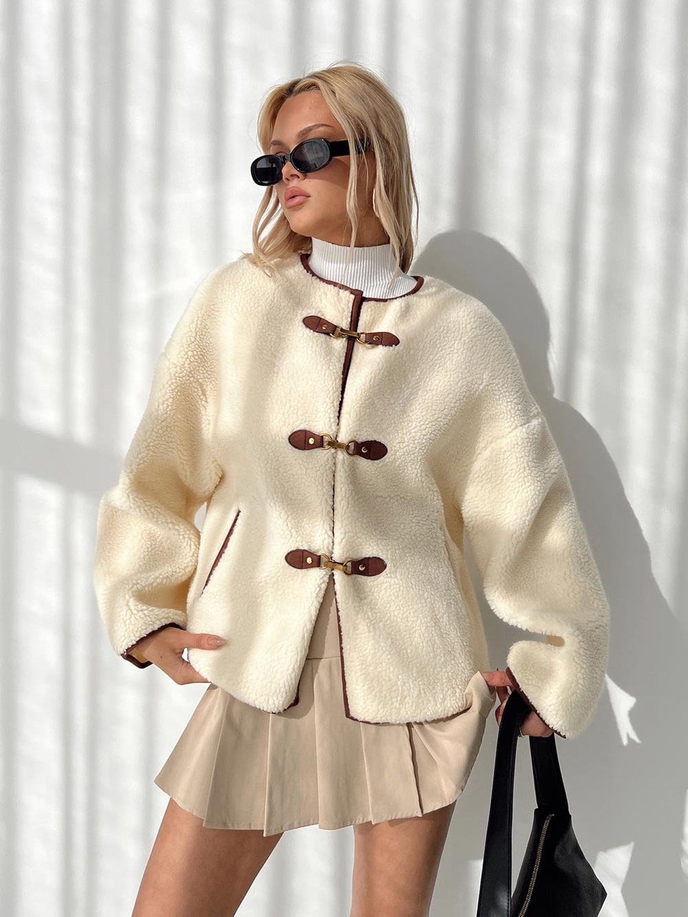 Princess Polly Adylic Teddy Coat Cream / Brown Size 4 Oversized Sherpa